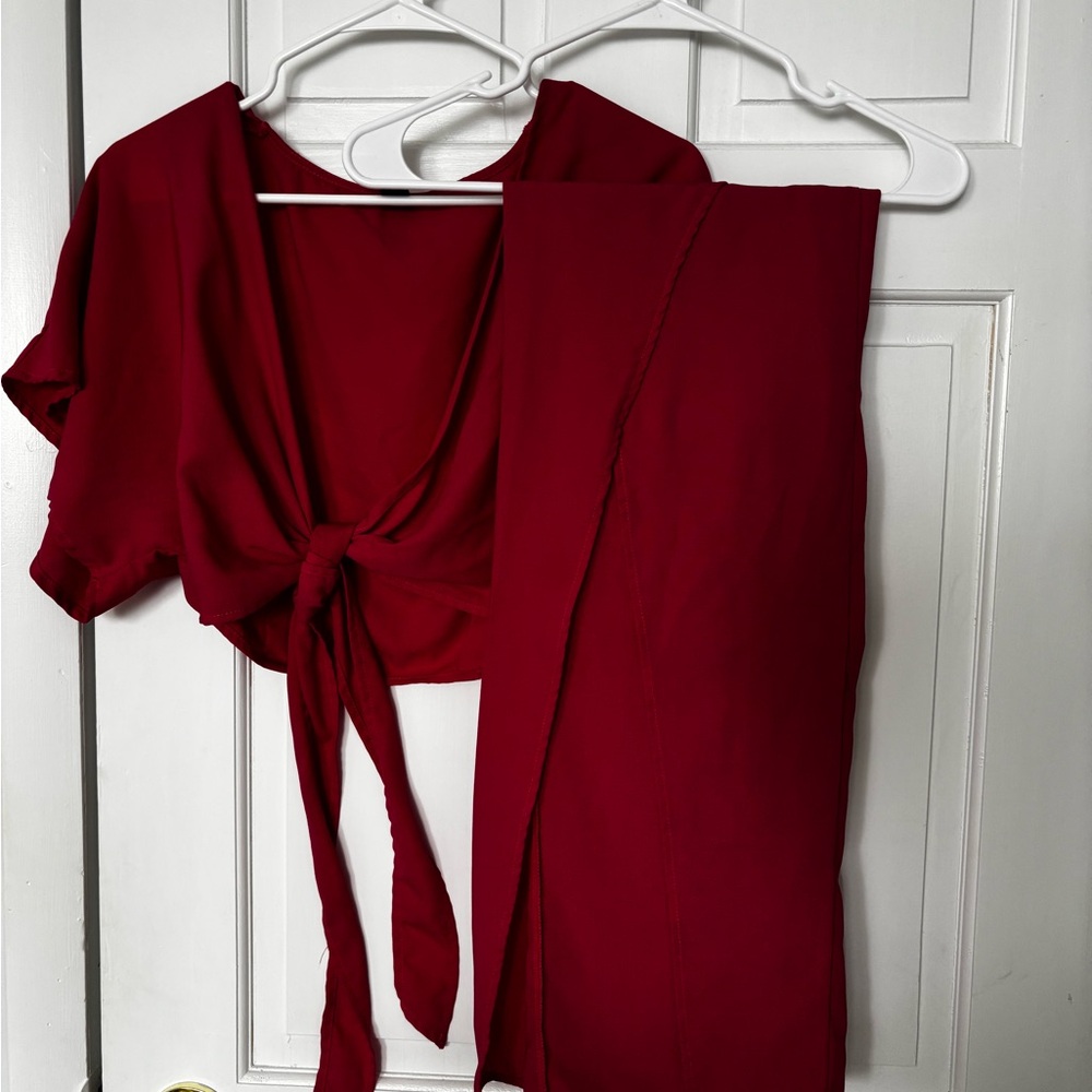 Pink Tie-Front Top and Skirt Set